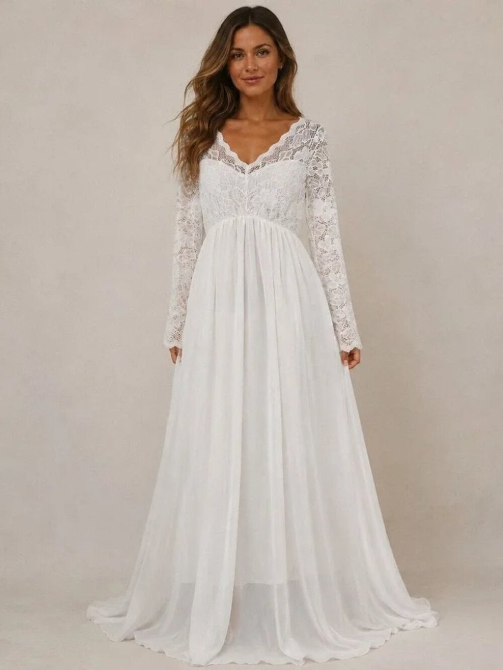 White Lace Long Sleeve Boho Bridal Wedding Maxi Gown Empire Waist